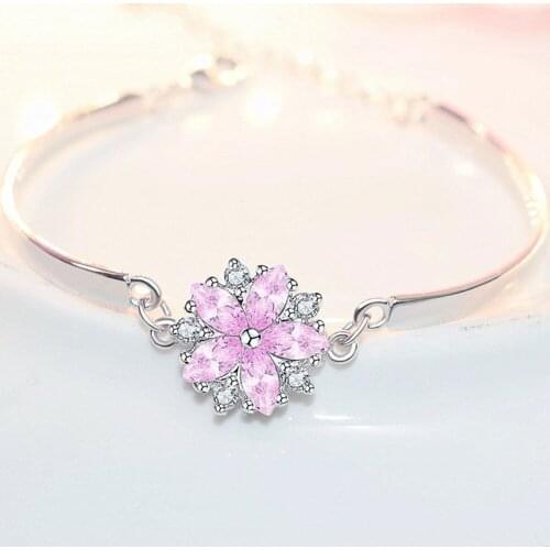Sakura Pink Crystal Zircon Diamonds Gemstones Bangle Chain Bracelets for Women Girl 18k White Gold Silver Color Jewelry Gifts