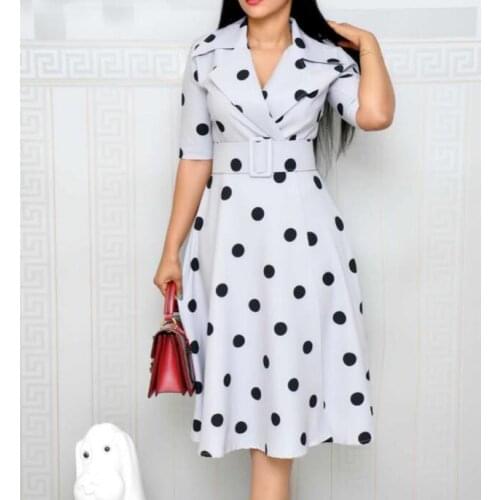 2021 New African OL Office Dresses Lady Notched Collar Polka Dot Print 3/4 Sleeve Pachwork Big Swing Wide Belt Midi Retro Dress