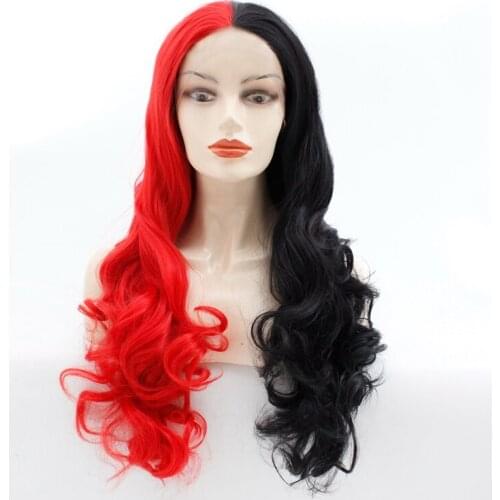 24inch Long Body Wavy Half Black Red Natural Soft Synthetic Lace Front Wig Heat Resistant Fiber Hair Cosplay Party Halloween Wig