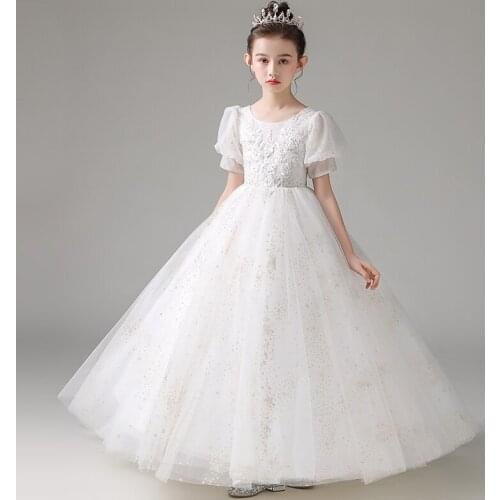 Flower Girl Dresses Appliques Princess Lace Sequined Beading Pearls Embroidery O-Neck Ball Gown Short Tulle Kid Party Skirt H096