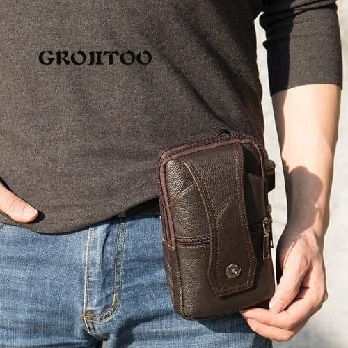 GROJITOO leather waist bag mens leather mobile phone bag mens sports waist bag outdoor belt mini bag shoulder bag for men
