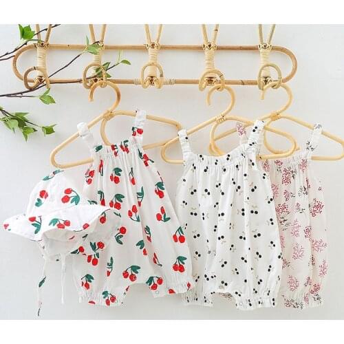 Toddler Baby Girl Sleeveless Cotton Printing Romper+Hat Infant Baby Girls Jumpsuit Korean Style Summer Baby Girls Clothes