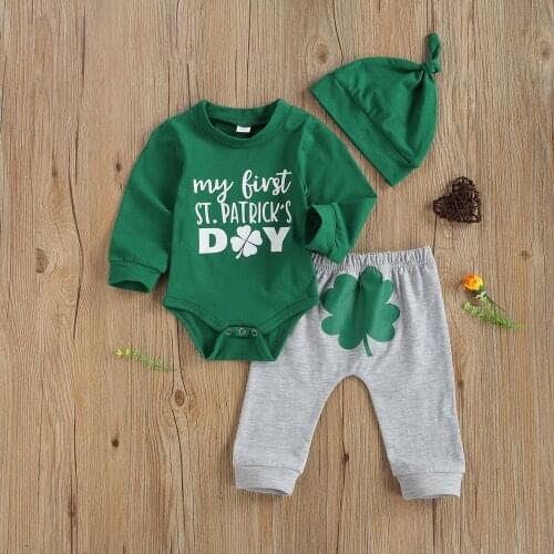 2021 0-18M St. Patricks Day Infant Baby Boy Clothing Letter Print Long Sleeve Green Romper Top+Clover Harem Pants+Hat 3pcs Set