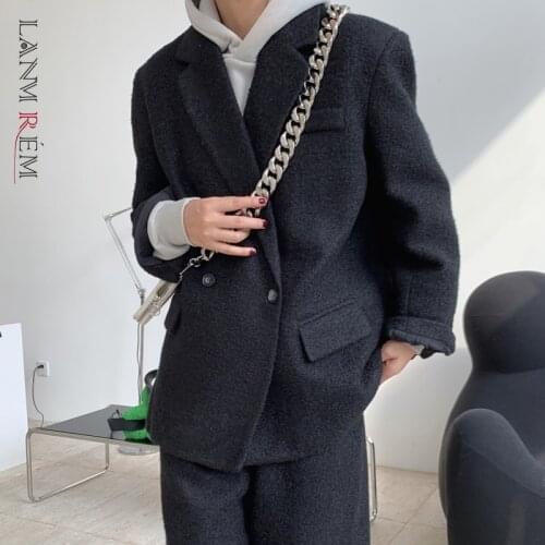 LANMREM 2021 Autumn Winter All-match Single-breasted Loose Turn-down Collar Temperament Thick Woolen Blend Gray Blazer 2A2712