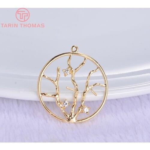 6PCS 24x22MM 24K Gold Color Plated Brass with Zircon Round Tree Pendants Charms High Quality DIY Jewelry Making Findings