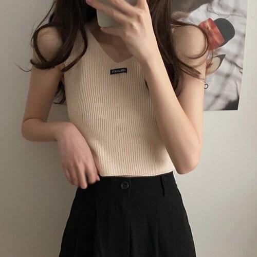 Summer Womens Letter V Neck Slim Sexy Expose Navel Knitting Sleeveless Camisole Tank Tops