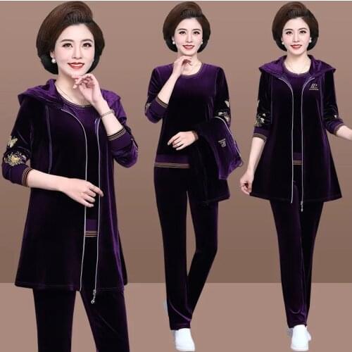 Moms Velvet Tracksuit Women Embroidered Plus Size 3 Piece Outfit Casual Zip Up Hooded Waistcoat + t-Shirt + Pants Set Sweatsuit