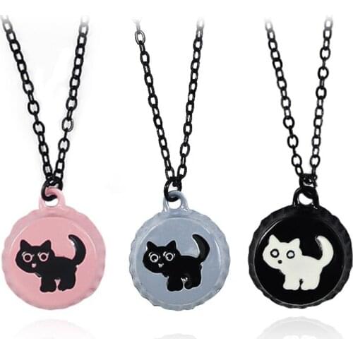 Cute Women Girls Cat Soda Cap Necklace Pink Blue Black Bottle cap Cat Kitty Charm Necklaces Pendants Jewelry Gift Wholesale