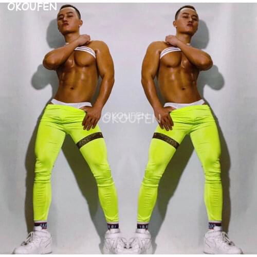 Nightclub bar singer male fluorescent tights chest strap Costumes dance team show costumes stage performance clothing set