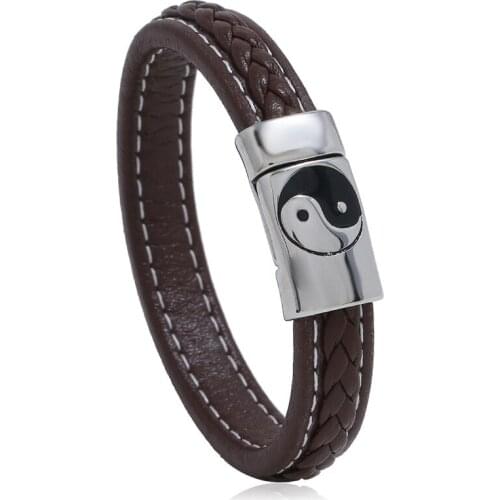Stainless Steel Magnet Clasp Gossip Leather Bracelet Retro Braided Rope Mens Accessories Tai Chi Yin and Yang Figure Bracelets