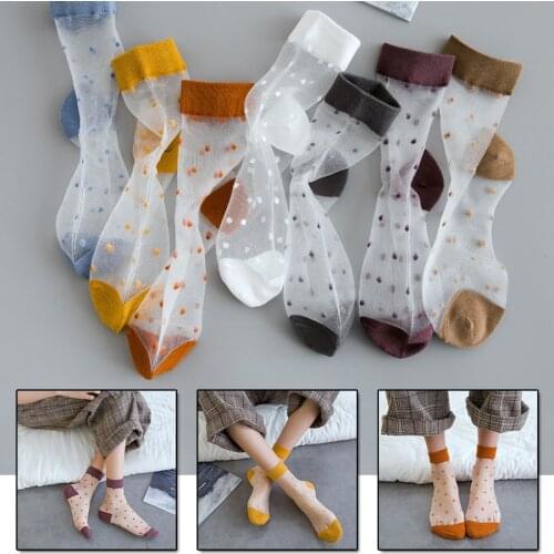 Womens Socks Glass Silk Thin Dots Crystal Transparent Mesh Socks Girls Spring Summer Korean Style 2021 Breathable Female Socks