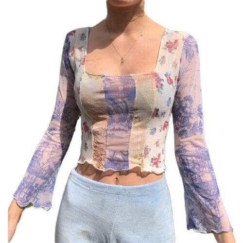 2021 New Women Sheer Mesh Crop Tops Floral Print Long Sleeve Patchwork Lettuce Trim T-Shirts