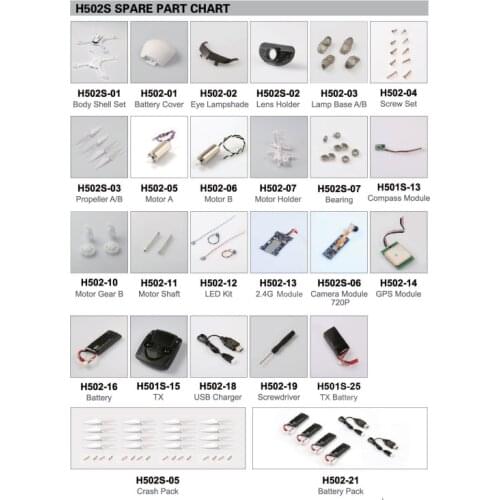 Original Hubsan X4 H502S FPV Transmission Module Blade Propeller Brushless motor ESC Parts & Accessories H502S SPARE PART CHART