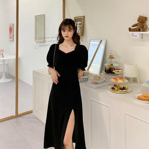 Mid-length dress Black A-line skirt with square collar and waist all-matched and comfortable d88
