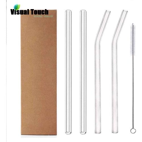 Visual Touch 4PCS Glass Straws Eco-friendly Reusable Drinking Tube With Cleaning Brush Birthday Party Events Favors Supplies