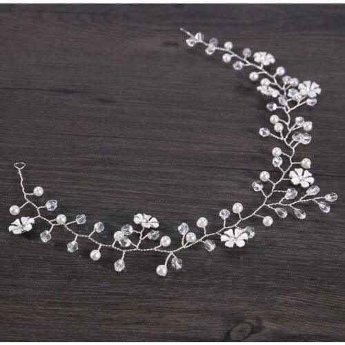 Wedding Bridal Crystal Beads Cream Pearl Knitted Braided Long Headband Hairband Hair Accessories EA