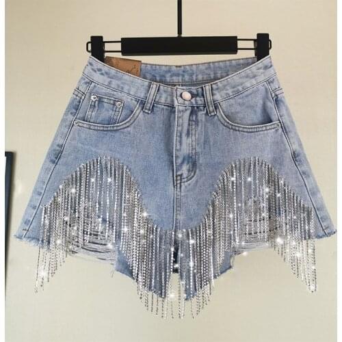 Ripped Jean Shiorts Women 2020 Summer New Studded Rhinestone Tassel Hole High Waist Wide-Leg Shorts Hot Pants Harajuku