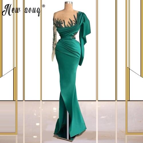 Green Prom Dress Appliqued and Pleated Evening Dresses Mermaid Long Sleeve Formal Aso Ebi Gowns Islamic Turkish Robe Soiree