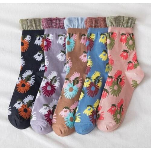 Yishine 10 Pairs Autumn Winte Funky Retro Daisy Cozy Womens Tube Sock Cartoon Flower Streetwear Cotton Harajuku Kawaii Socks