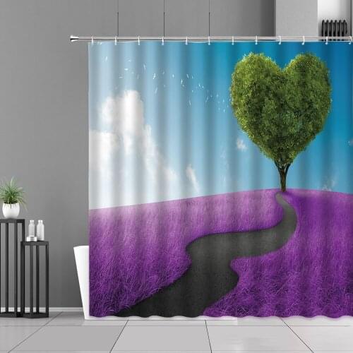 Natural Scenery Shower Curtain Green Love Heart Tree Purple Plant Lavender Flower Landscape Waterproof Bathroom Curtain Hook Set
