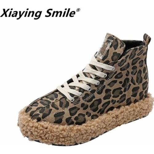 Xiaying Smile Women Ankle Boots New Fashion Casual Shoes Female Leopard Short Plush Cotton Fabric Shoes Women Snow Ankle Boots