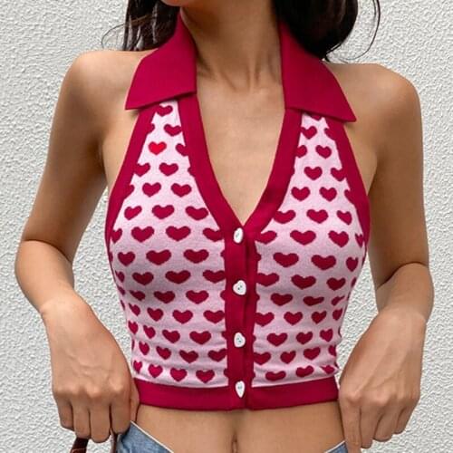 Heart Print Sleeveless Halter Knit Crop Tops Ladies Sexy Backless Tanks Camis Women Vest Summer Knitwear Streetwear