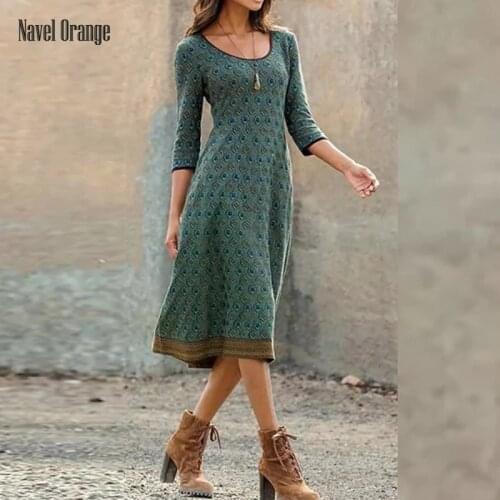 Spring Autumn Women Casual O-Neck Slim Party Dress Three Quarter Sleeve Printing Ladies Dress Plus Size 3XL Streetwear Vestidos