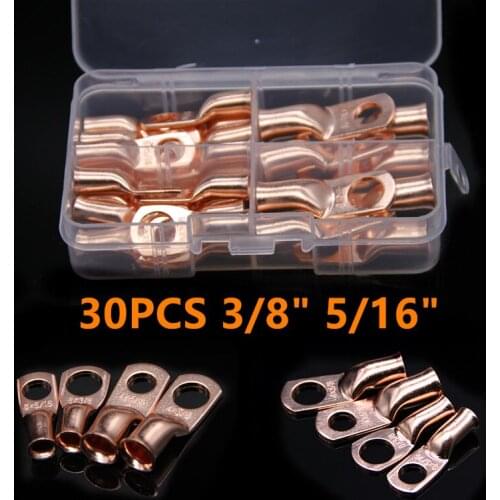 30Pcs 4/8 AWG Bare Copper Lug Ring Wire Connectors Closed Ends Bare Cable Splice Crimp Terminals Assorted Wire Welding Terminal