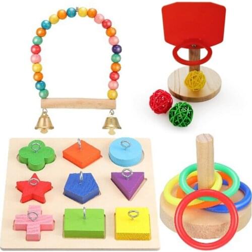 4 Pcs Bird Toys Set with Wooden Block Puzzle Parrot Training Basketball Swing