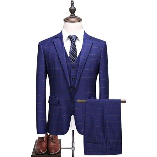 Blazer Pants Vest British Style Mens Fashion Plaid Suit Jacket Trousers Waistcoat Slim Large Size 5XL Blue Suit 3 Piece Set