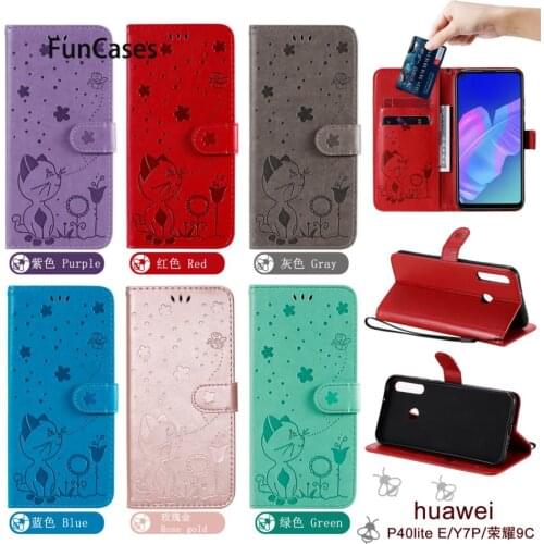 PU Leather Cases For hoesje Huawei P40 Lite E Cover Cat Flip Wallet Phone Case Back sFor Huawei cellular Y7P Honor 9C Shell Book