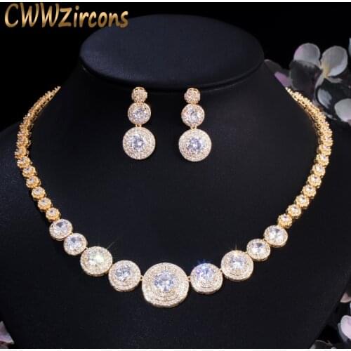 CWWZircons Gorgeous African Cubic Zirconia Luxury Dubai Arab Gold Color Filled Wedding Necklace Earrings Jewelry Sets T319
