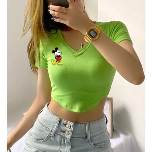 Disney Mickey Mouse print fashion hot girl style women V neck irregular short sleeved summer new stretch high waist T shirt