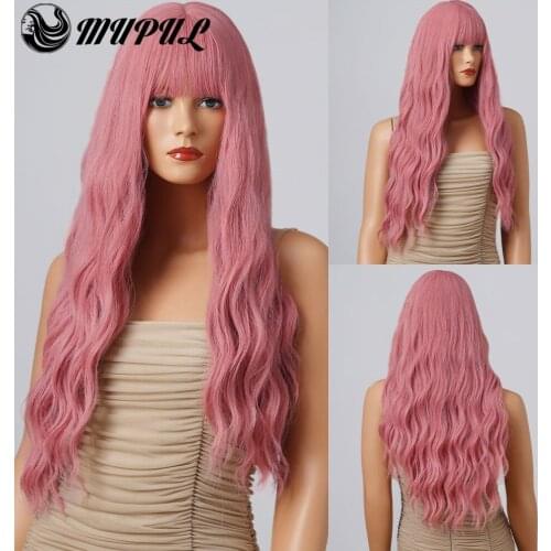 Long Pink Colored Long Wave Synthetic Wig With Bangs For White Women Daily Natural Heat Resistant Fiber Hair Fiber Wavy Wigs