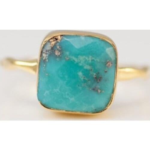 Fashion Natural Square Green Blue Stone Rings Bohemia Gold Color Luxury Inlaid Stone Metal Geometric Rings for Women Jewelry