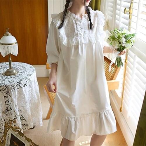 Sweet White Cotton Emoidery Womens Nightgowns Autumn Spring Long Sleeve Loose Sleepwear Girls Vintage Cute Nighty