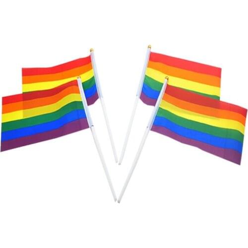 5x8 inch Hand Mini Waving Flags Handhold Using Gold Top Rainbow Gay Pride Stick Flag Party Supplies LX4755