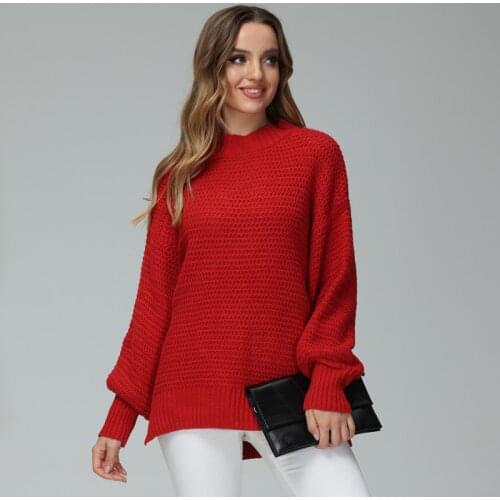Fashion New Womens Sweater 2021 Fall/Winter Half Turtleneck Loose Solid Color Long Sleeve Thick Needle Side Split Knitted Top