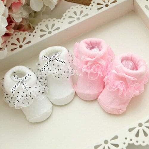 2021 New Style High Quality Newborn Baby Boy Girl Soft Cotton Cute Shoes Lovely Lace Dots Slippers Boots Princess Socks