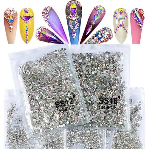 1440 PCS Crystal Nail Art Rhinestones Set 3D Nail Gems Round Nail Jewels Flatback Shiny Face Nail Diamonds Kit DIY Craft Girl GF