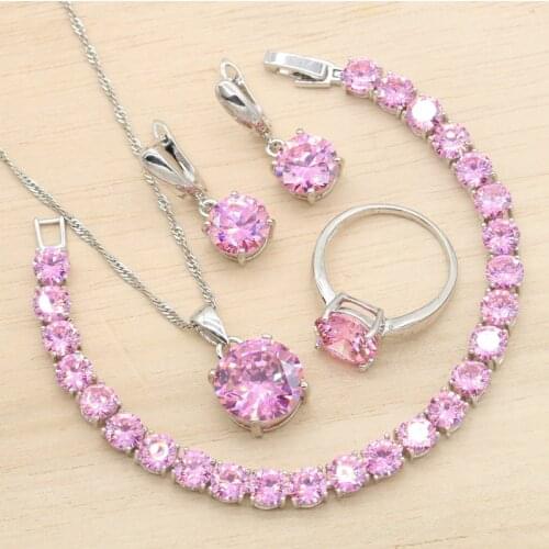 Round Pink Cubic Zircon Silver Color Jewelry Sets For Women Wedding Earrings Pendant Necklace Bracelet Ring Christmas Gift 4PCS