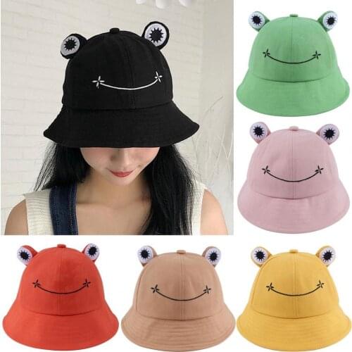 Bucket Hat Breathable Frog Ears Embroidery Pattern Cotton Froggy Fisherman Caps for Women