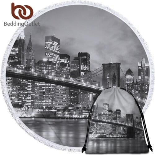 BeddingOutlet Bustling City Beach Towel With Bag Modern Round Summer Blanket New York Night Toalla Photography Bridge Bath Towel