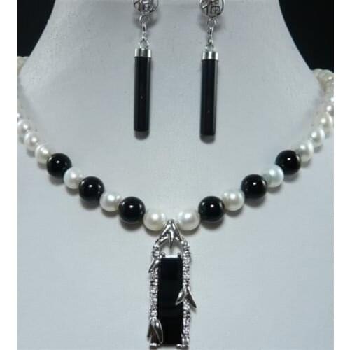 Prett Lovely Womens Wedding fast shipping>7-8MM White Akoya Pearl +Black stone Pendant Necklace Earring Set