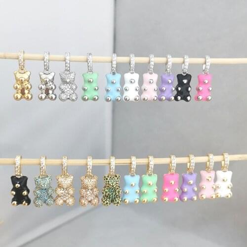 QMHJE Enamel Bear Candy Colors Charm Pendant Necklace Women Choker Neon Green Jewelry Bracelet Ankel CZ Paved Hook Colorful