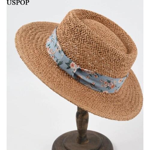 USPOP New Women Summer Straw Sun Hats Flower Print Ribbon Bow Wide Brim Beach Hats