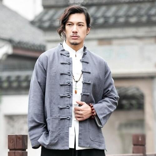 Traditional Chinese Clothing For Men Vintage Full Sleeve Collar Linen Shirts Tang Suit Oriental Clothes Kung Fu Men Tops KK3218
