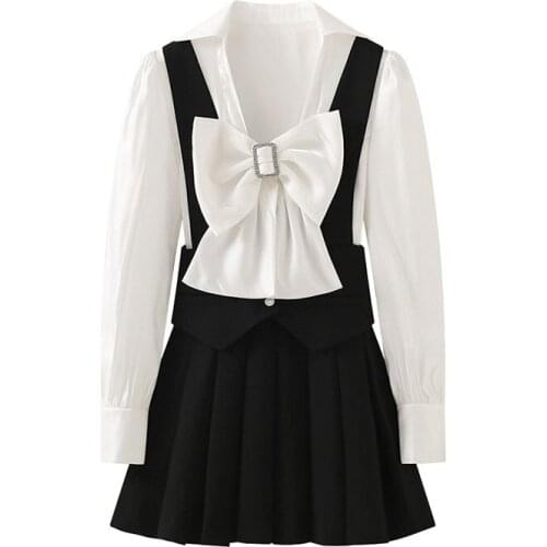 Sweet Korean Two Piece Set Women Big Bow V-Neck White Blouse + Straped Rompers Set Tracksuit Elegant Outfits Elegant C966