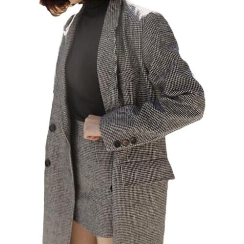 2021 New Winter Plaid Blazers Suits Women Black Plaid Woollen Houndstooth Turn Down Collar Long Blazer Coat Autumn Jackets XA236