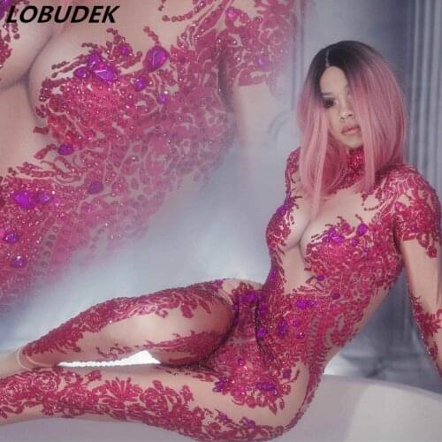 Nightclub Women Leotard Rose Red Rhinestones Stretch Jumpsuit Crystals Rompers Sexy DJ Pole Dance Acrobatics Performance Costume